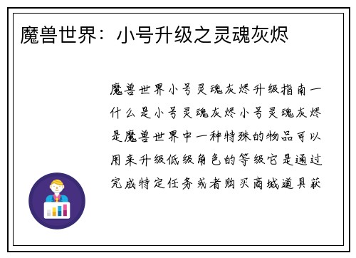 魔兽世界：小号升级之灵魂灰烬